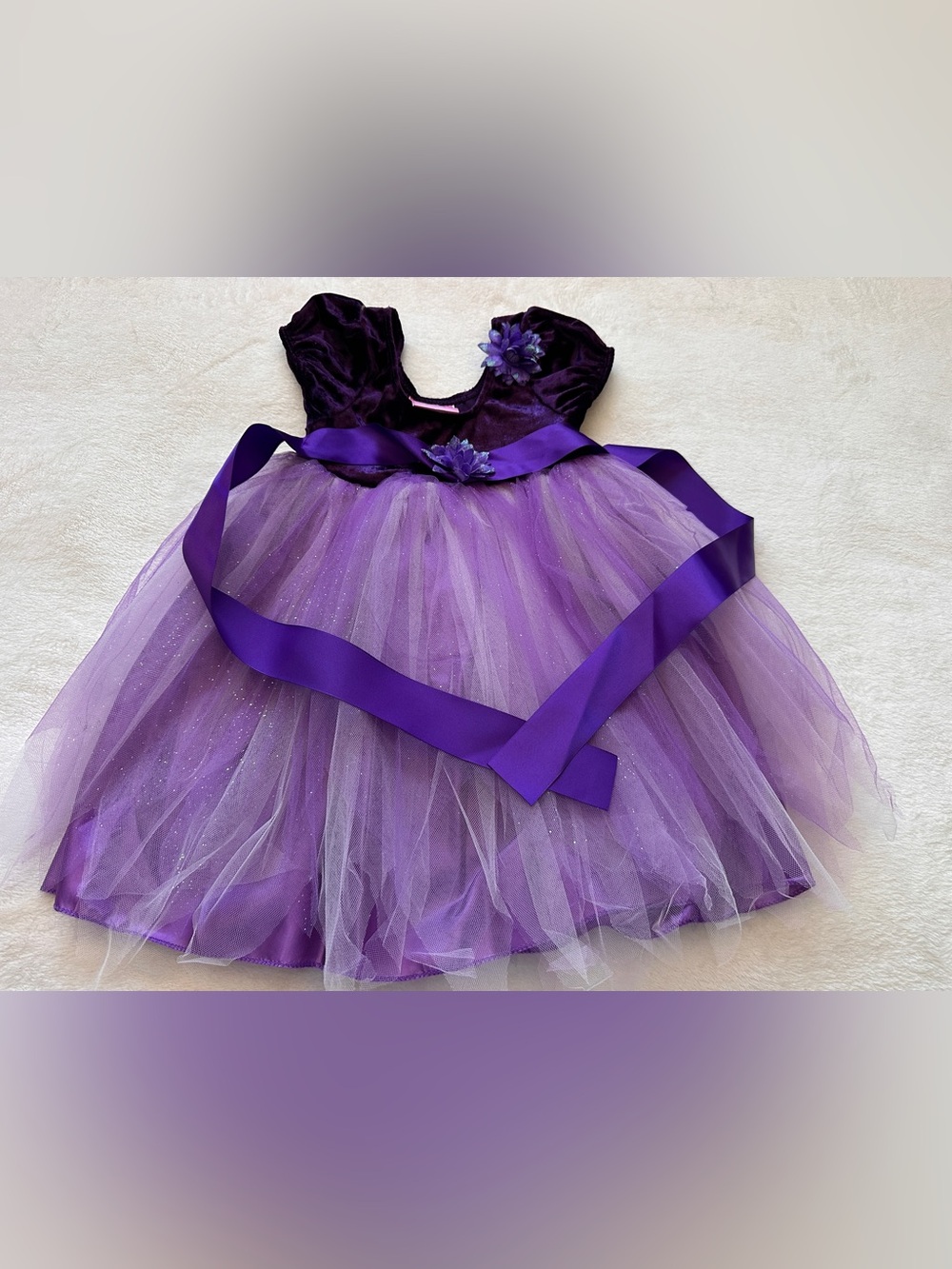 Girls' Purple Velvet & Tulle Flower Dress with Satin Sash